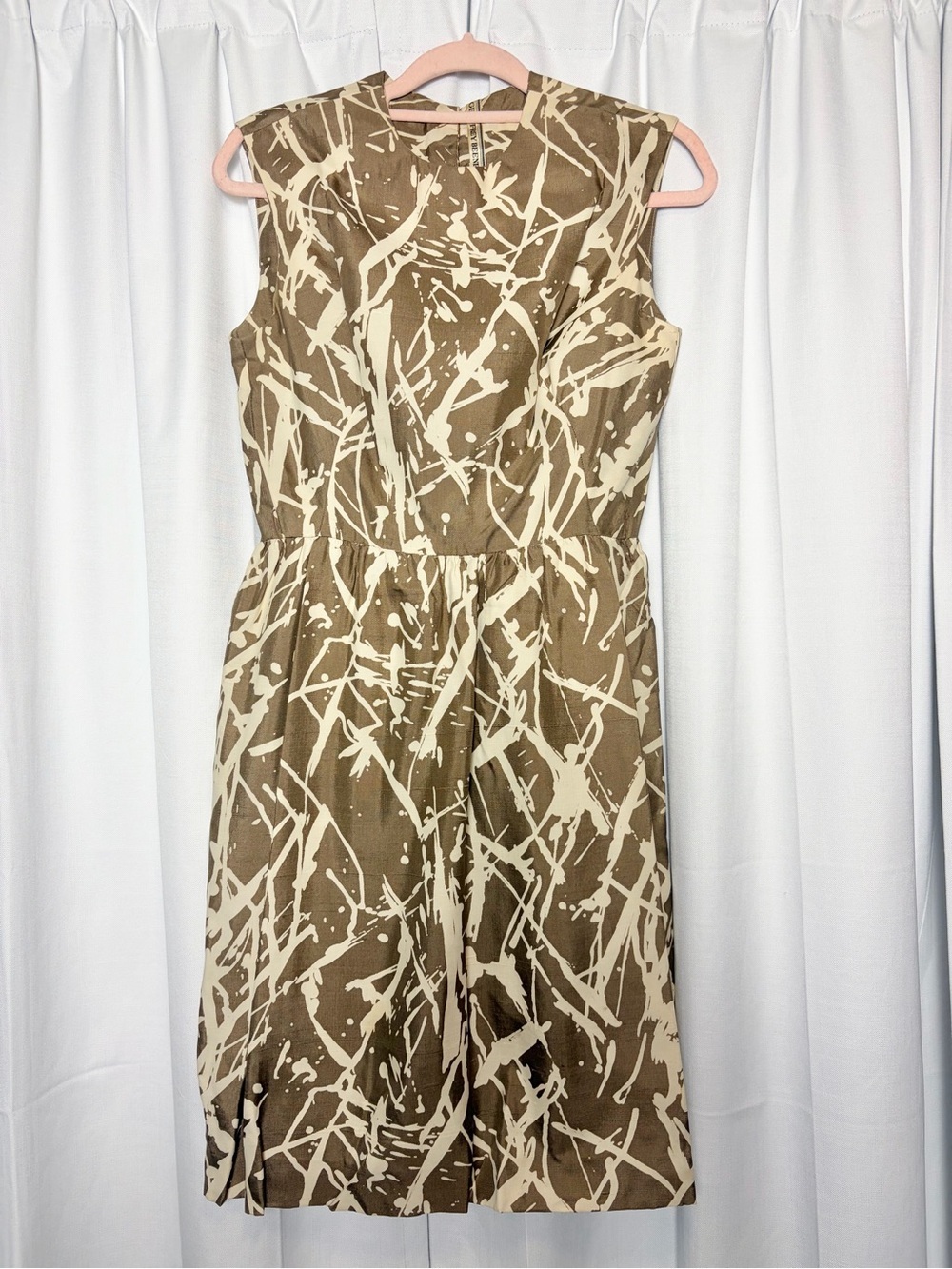 RARE Vintage 1960’s Geoffrey Beene Brown & Creme Abstract Satin Wiggle Dress S/M